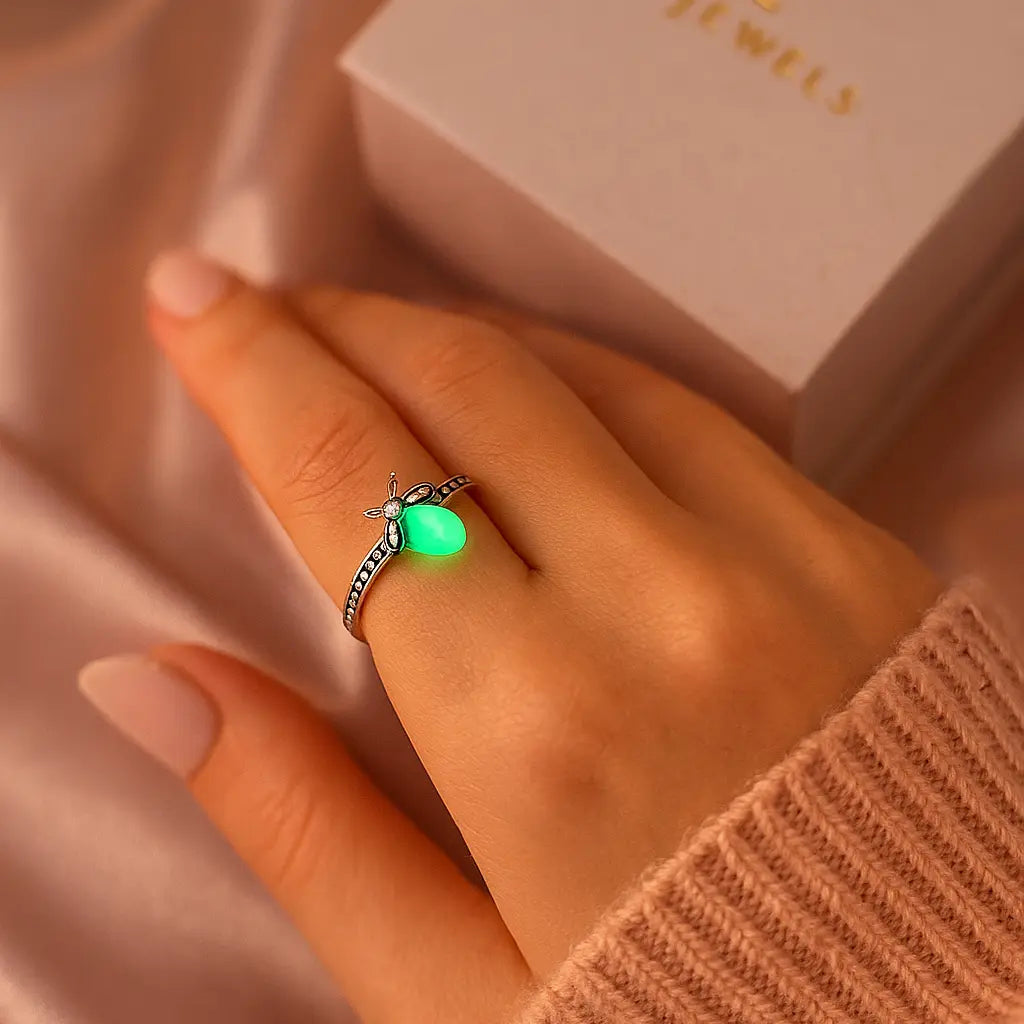 Hand wearing a green glowing ring with a Foie Jewels box in the background