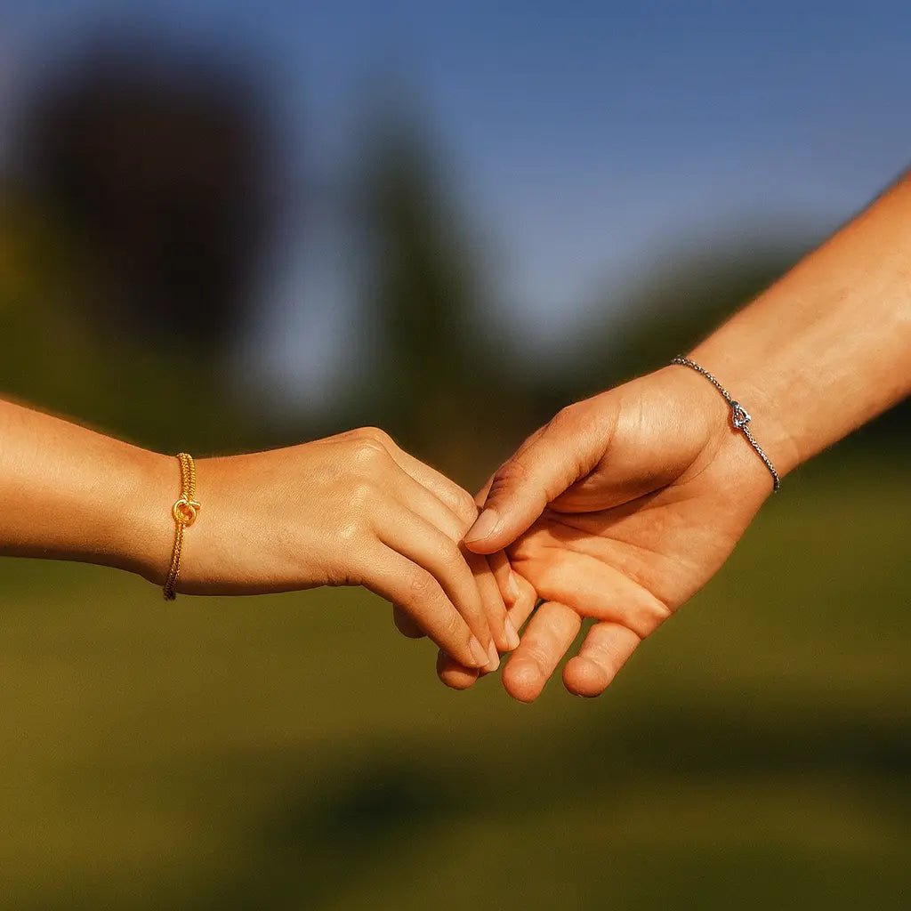 Two hands holding each other with a blurred natural background