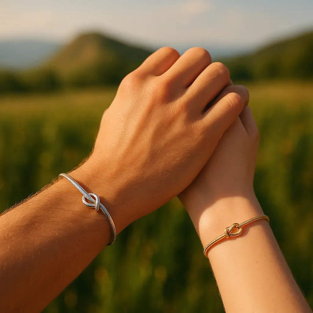 Two hands holding each other with scenic background