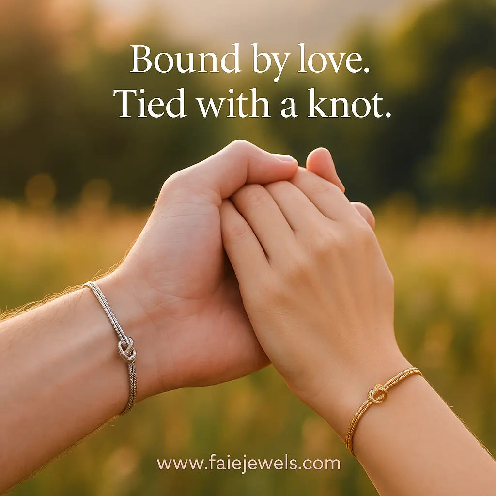 Two hands holding each other with a blurred background and text 'Bound by love. Tied with a knot.'